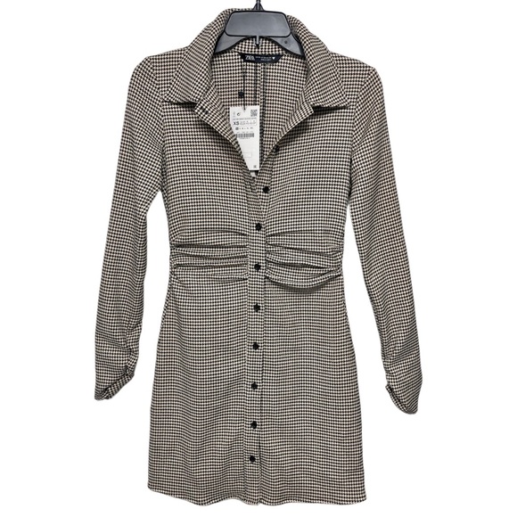 ZARA Ruched Houndstooth Button Front Mini Dress XS - Picture 3 of 9